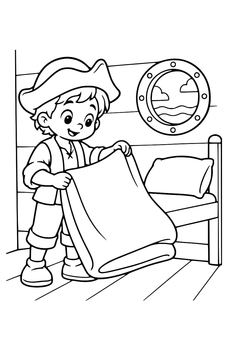 Dessin en noir et blanc d’un jeune pirate coiffé d’un tricorne tenant une grande couverture devant un lit avec un oreiller ; un hublot laisse voir des vagues et des nuages.