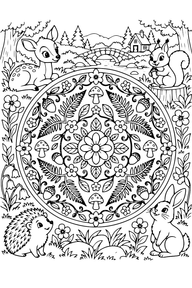 Illustration en noir et blanc montrant un mandala de motifs forestiers au centre, entouré de cerfs, d’écureuils, d’un hérisson, d’un lapin et d’un paysage avec un ruisseau, un pont et une maison.