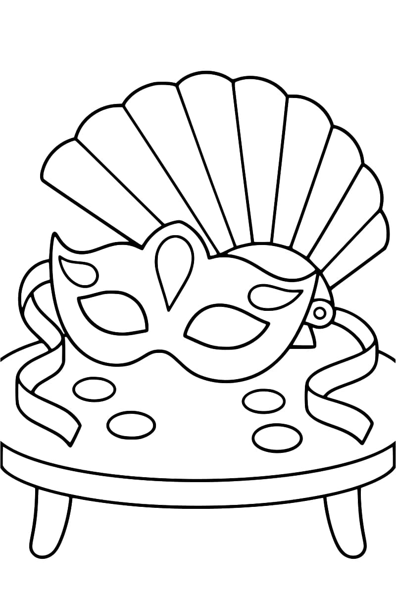 Dessin en noir et blanc d’un masque aux motifs arrondis devant un grand éventail ouvert, avec des rubans ondulés et quatre confettis ovales sur une table ronde.