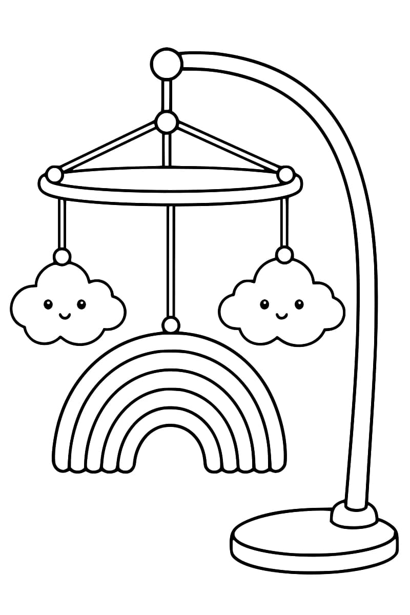 Dessin en noir et blanc d’un mobile avec un arc-en-ciel au centre et deux nuages souriants suspendus de chaque côté.
