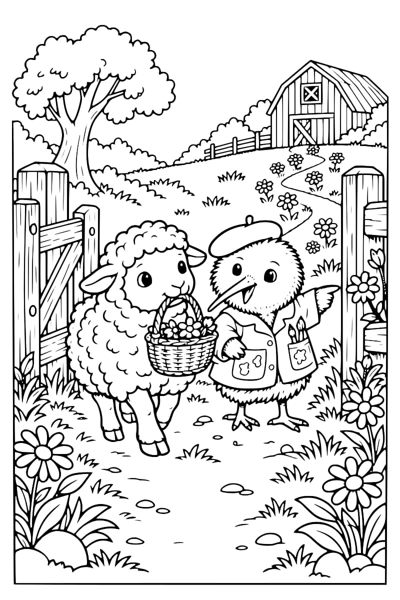 Coloriage en noir et blanc d’un mouton tenant un panier de fleurs dans sa bouche, à côté d’un oiseau portant un béret et une veste avec des pinceaux dans une poche. Ils se trouvent entre les poteaux d’un portail ouvert, sur un chemin bordé de marguerites, avec un arbre, une clôture et une grange à l’arrière-plan.