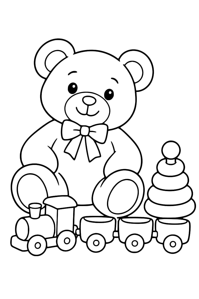 Dessin en noir et blanc d’un ours en peluche souriant, assis derrière une locomotive et ses trois wagons, avec une tour d’anneaux surmontée d’une boule à droite.