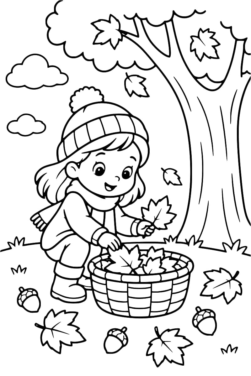 Dessin à colorier d’un enfant accroupi près d’un panier rempli de feuilles, sous un grand arbre, avec des feuilles qui tombent et des glands au sol.