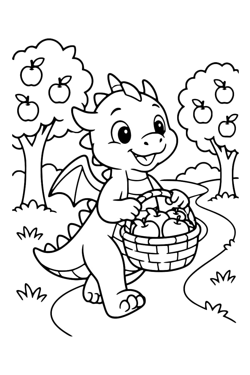 Dessin en noir et blanc d’un bébé dragon portant un panier de pommes entre deux pommiers.