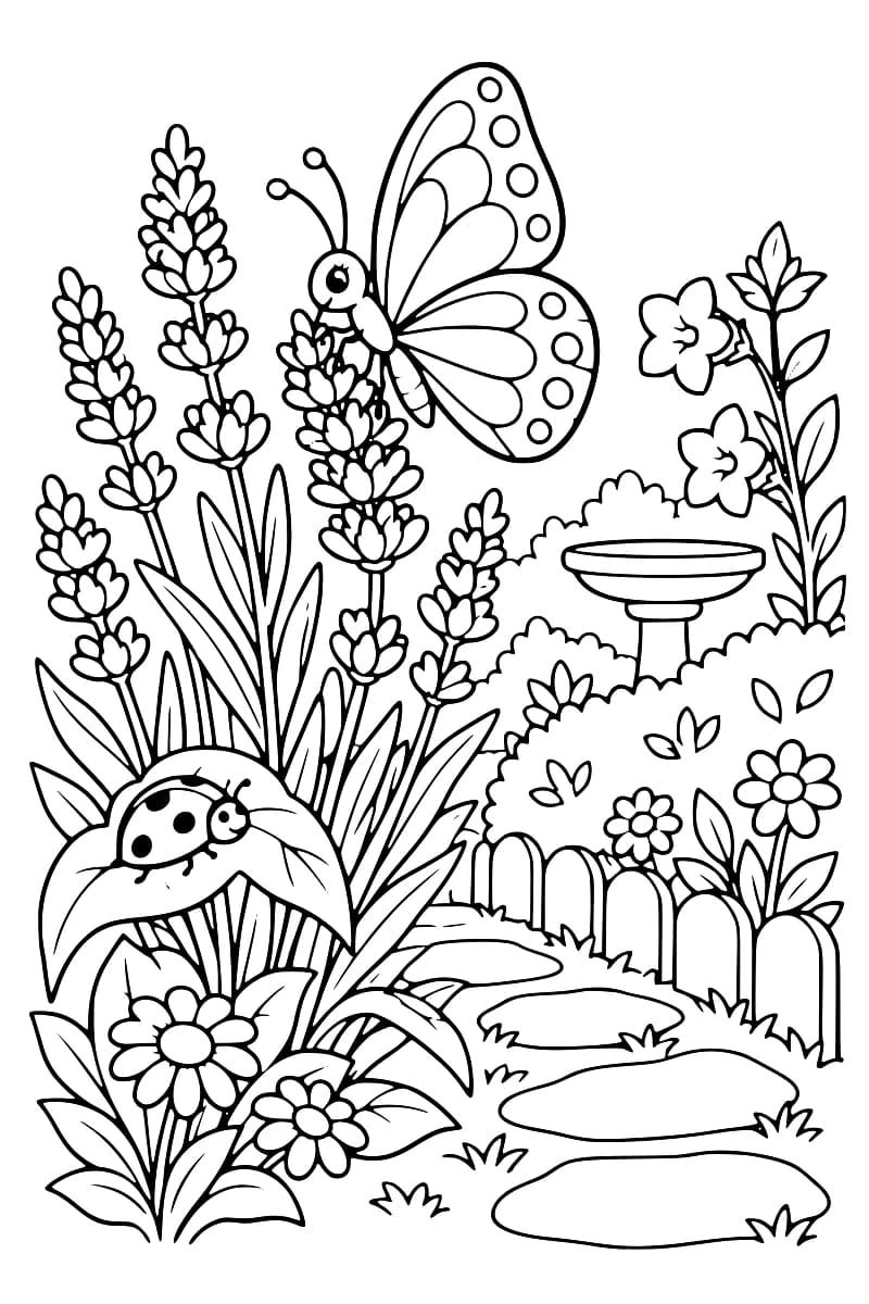 Dessin en noir et blanc d’un jardin fleuri avec un papillon près de la lavande, une coccinelle sur une feuille, une fontaine et un chemin.