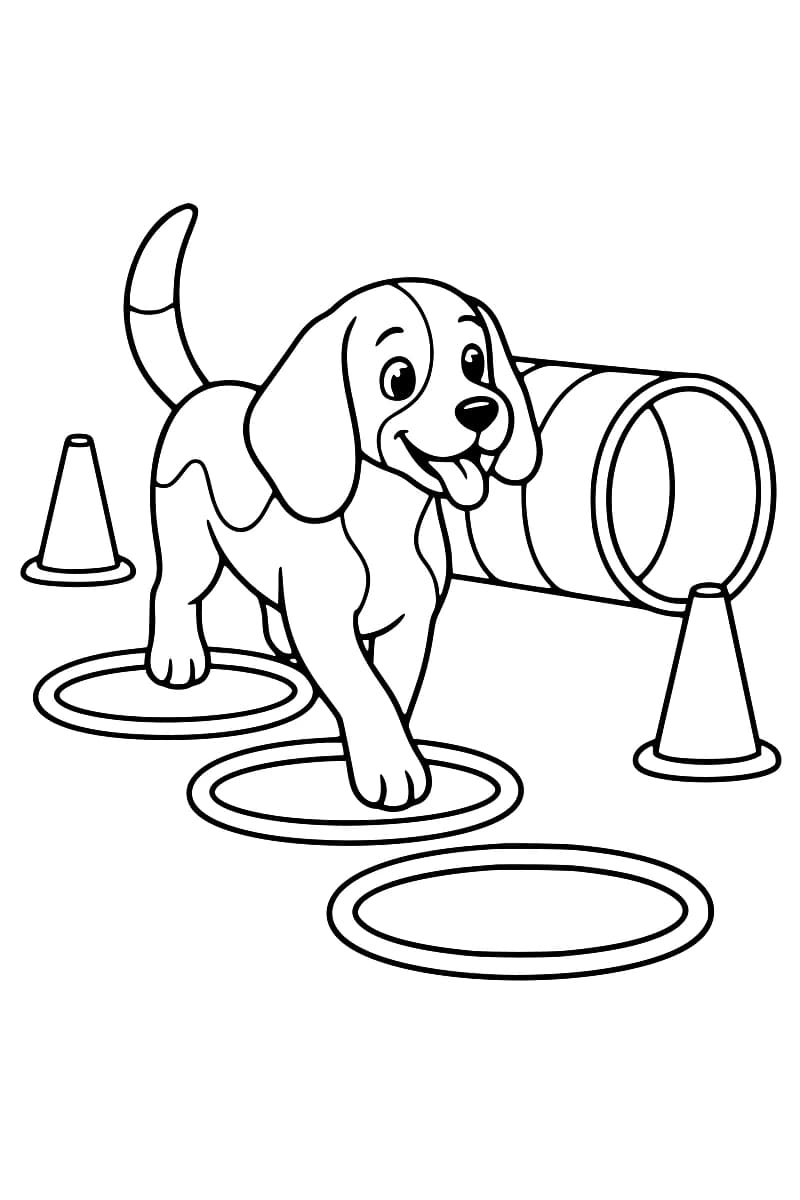 Dessin en noir et blanc d’un chien au milieu d’un parcours d’agilité avec trois cerceaux, deux cônes et un tunnel.