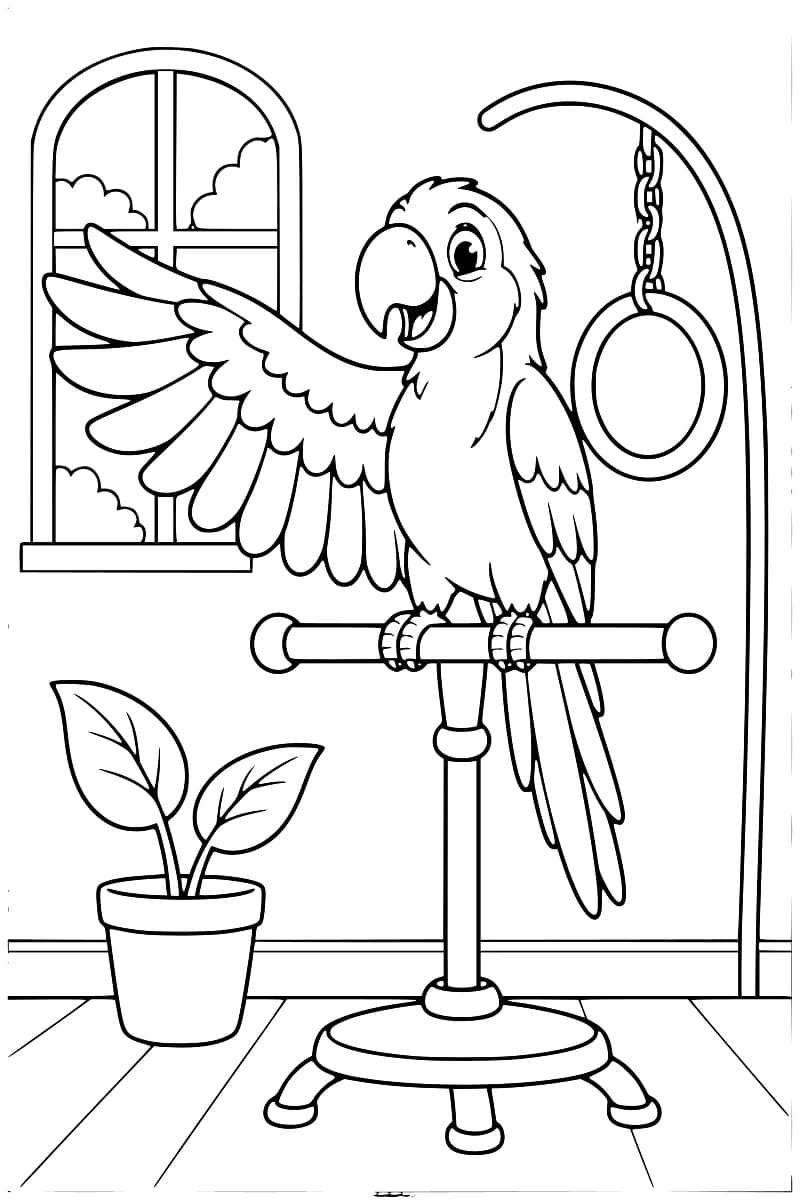 Dessin à colorier d’un perroquet à longue queue perché sur un support, une aile déployée vers la gauche, avec un anneau suspendu à droite, une fenêtre et une plante en pot.