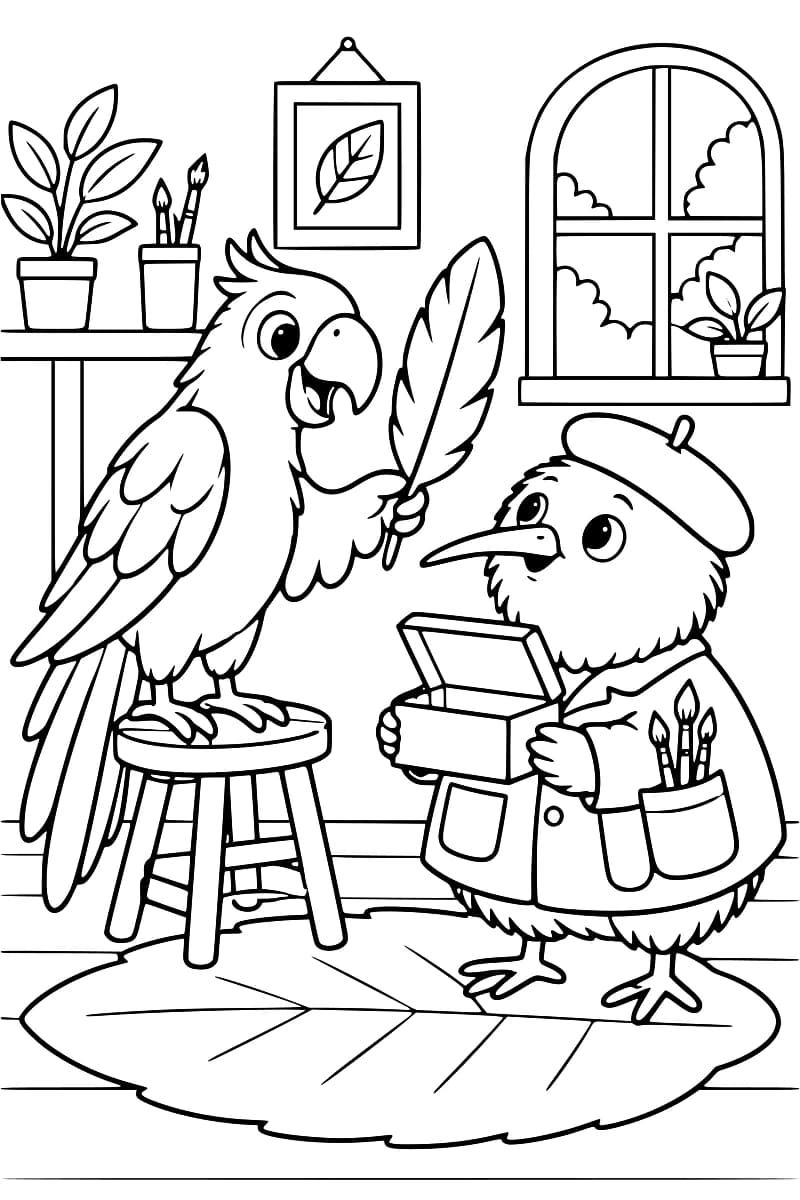Dessin en noir et blanc d’un perroquet perché sur un tabouret offrant une grande plume à Kiwi, vêtu d’un béret et d’une blouse d’artiste.