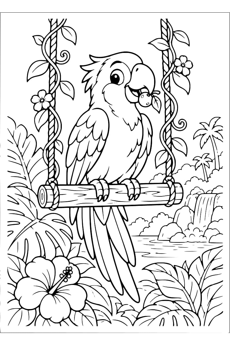 Illustration à colorier représentant un perroquet perché sur une branche, entouré de lianes, de grandes feuilles, de fleurs et d’une cascade.