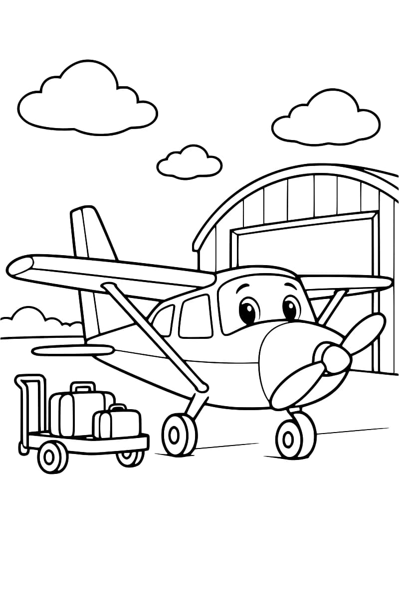 Dessin en noir et blanc d’un petit avion à hélice devant un hangar, avec un chariot de bagages et des nuages.
