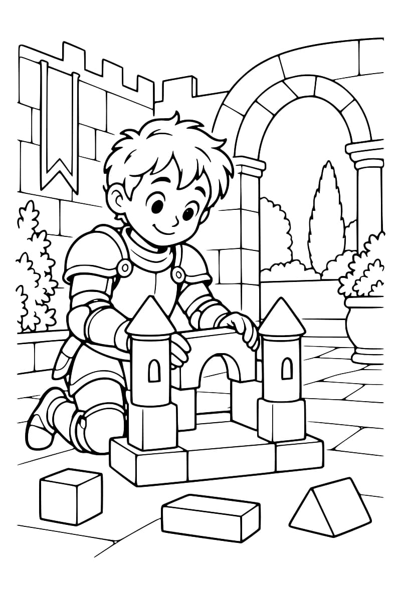 Dessin en noir et blanc d’un jeune chevalier en armure construisant un château de blocs avec deux tours et une porte voûtée, devant des remparts et une grande arche.