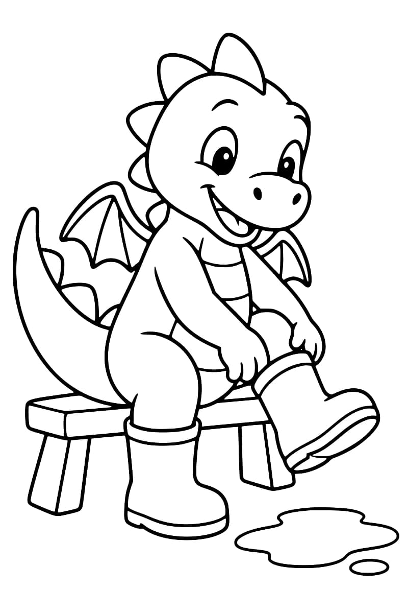Dessin en noir et blanc d’un petit dragon ailé assis sur un banc, une botte déjà au pied, tirant sur le haut de l’autre botte avec ses deux mains, près de deux flaques d’eau.
