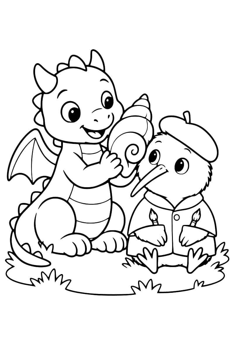 Dessin à colorier d’un petit dragon souriant tenant un coquillage en spirale à côté d’un oiseau au long bec, vêtu d’un béret et d’une veste avec deux pinceaux dans les poches.