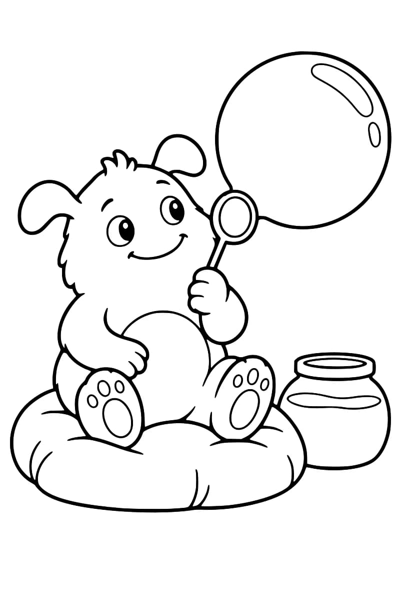 Dessin en noir et blanc d’un petit monstre souriant assis sur un coussin, tenant un anneau relié à une grande bulle, avec un pot à bulles près de lui.