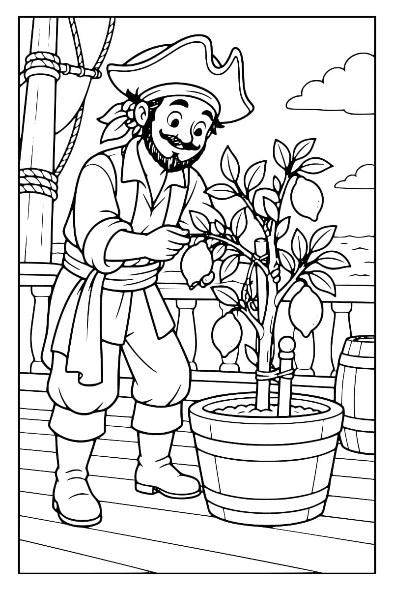 Dessin en noir et blanc d’un pirate tenant une branche de citronnier chargé de fruits, planté dans un grand pot et soutenu par des tuteurs, sur le pont d’un bateau avec un mât, des cordages et un tonneau.
