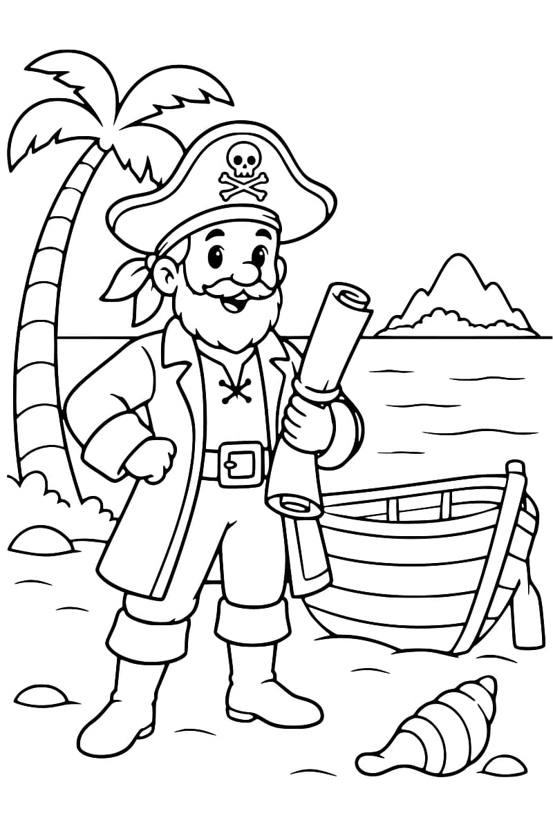 Dessin en noir et blanc d’un pirate barbu portant un tricorne, debout sur une plage avec une carte à la main, une barque derrière lui et une île au loin.