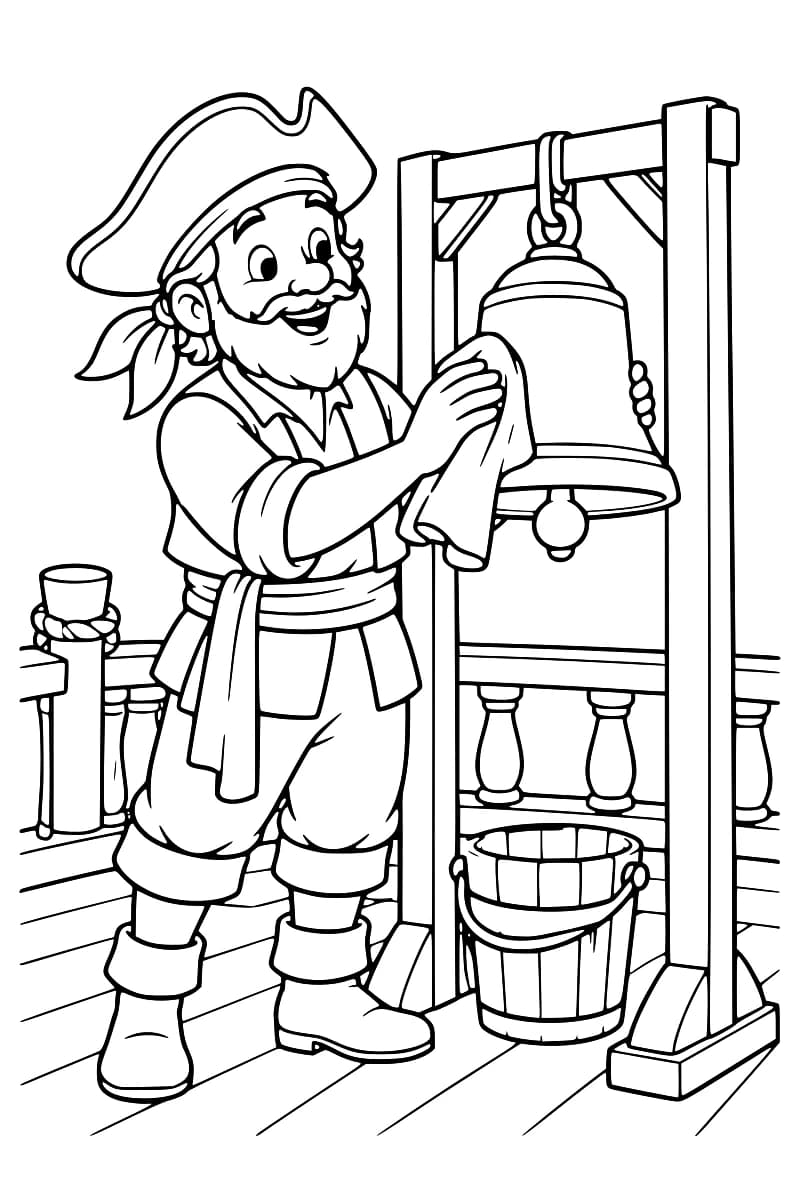 Dessin en noir et blanc d’un pirate barbu coiffé d’un tricorne, frottant avec un chiffon une grande cloche suspendue à un support en bois, avec un seau à ses pieds sur le pont du bateau.