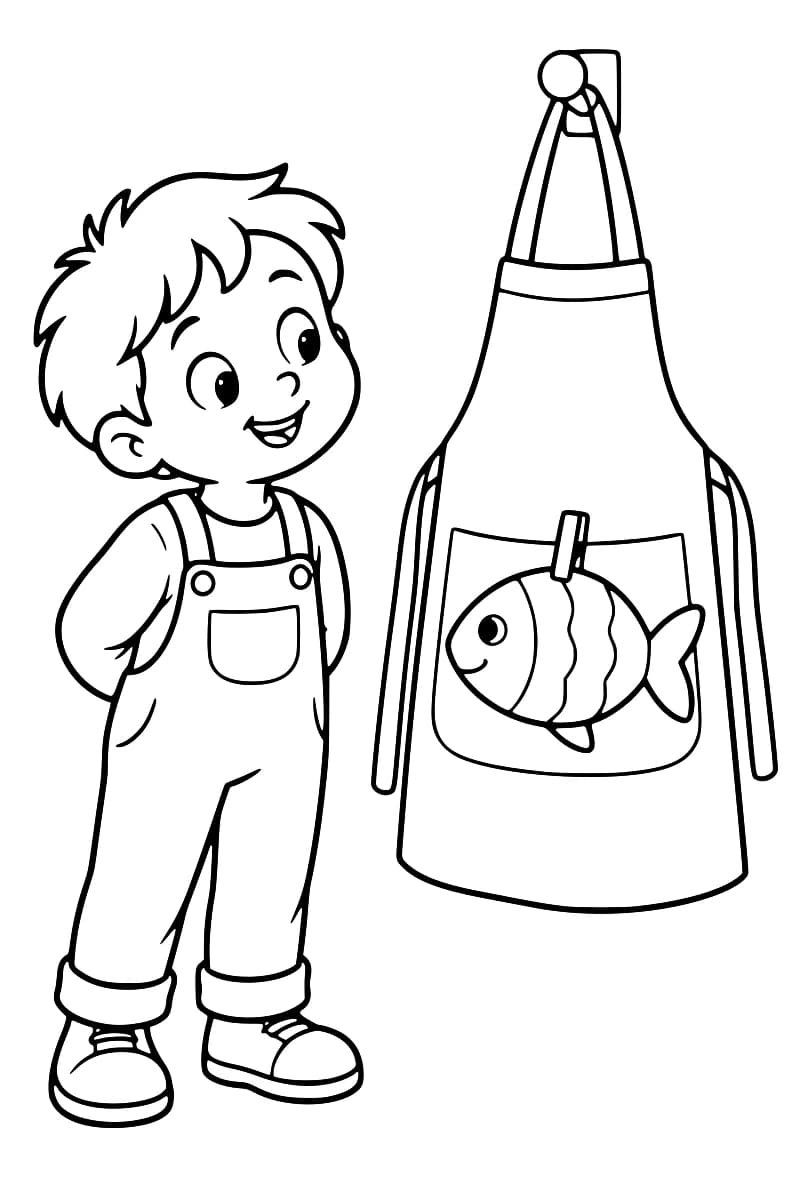 Dessin en noir et blanc d’un enfant en salopette, les mains derrière le dos, à côté d’un tablier suspendu à un crochet avec un poisson rayé accroché à sa poche par une pince.