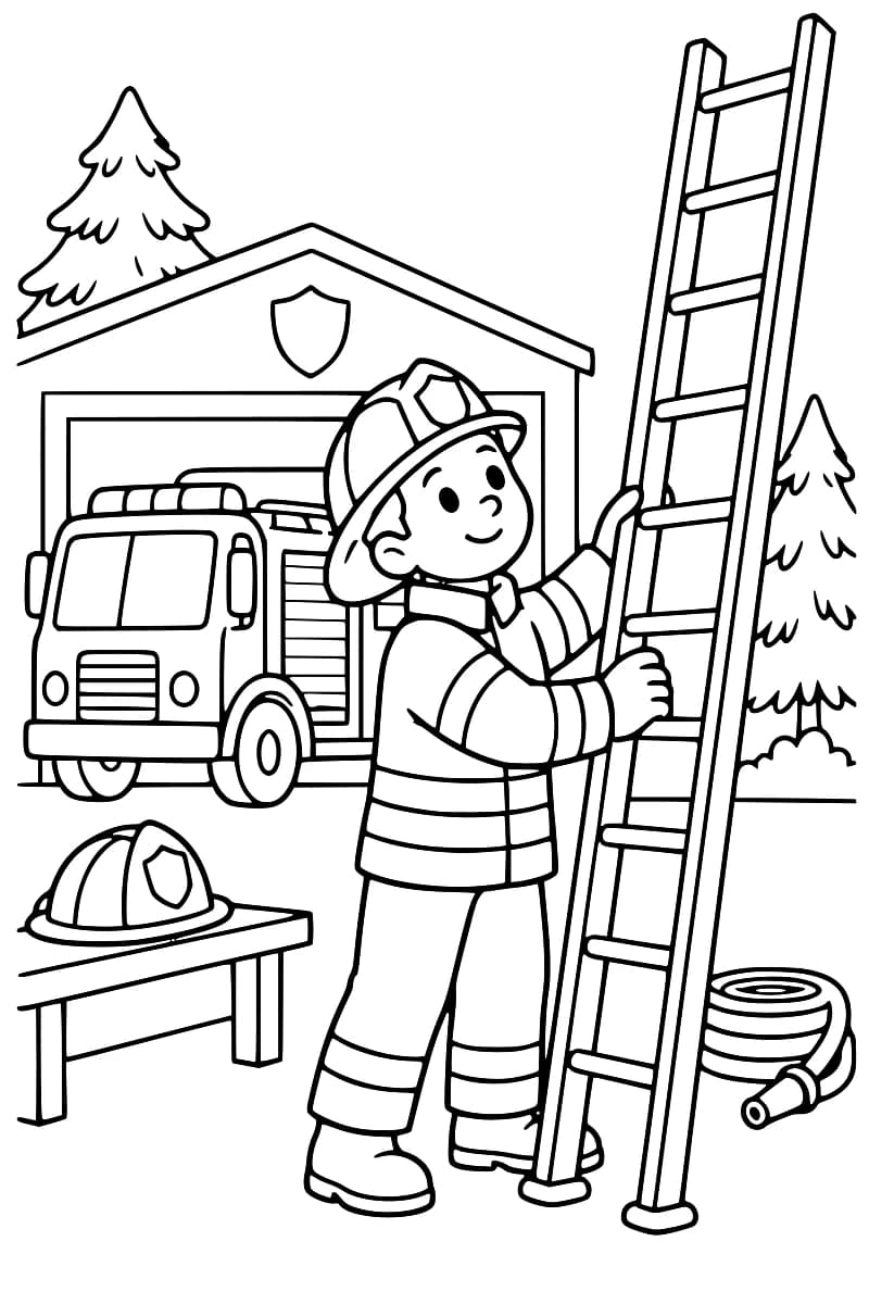 Dessin à colorier d’un pompier casqué tenant une grande échelle devant une caserne et un camion de pompiers, avec un casque sur un banc, un tuyau enroulé au sol et des sapins.