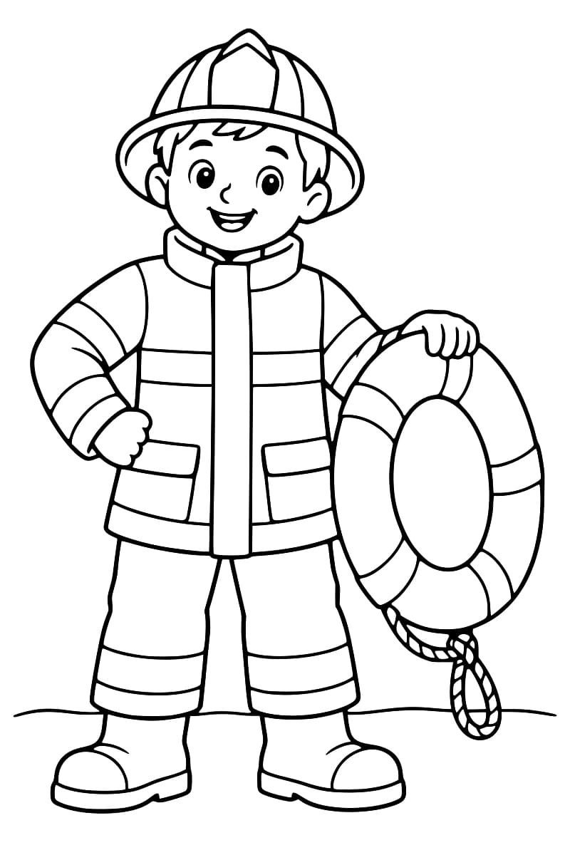 Dessin en noir et blanc d’un pompier debout, portant un casque et des bottes, une main sur la hanche et l’autre posée sur une grande bouée avec une corde nouée en bas.