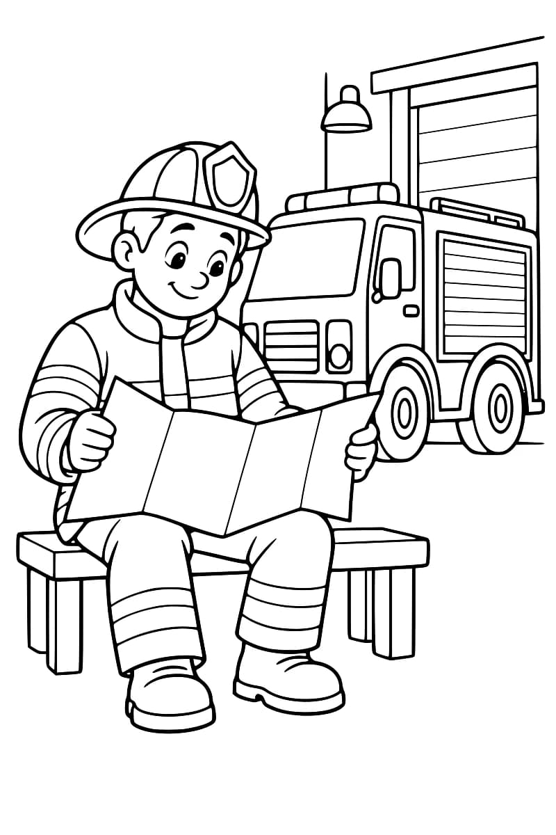 Dessin en noir et blanc d’un pompier casqué, assis sur un banc et tenant une carte dépliée, avec un camion de pompiers et une porte de garage à l’arrière-plan.