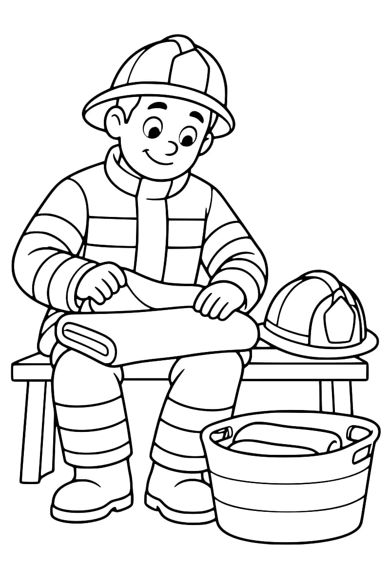 Dessin en noir et blanc d’un pompier casqué assis sur un banc, pliant du linge sur ses genoux, avec un second casque à côté de lui et un panier de linge au premier plan.