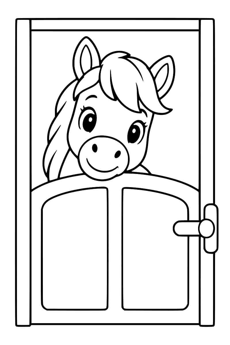 Dessin en noir et blanc d’un poney aux grands yeux et à la crinière ondulée, la tête au-dessus d’une porte de box à deux panneaux avec un loquet à droite.