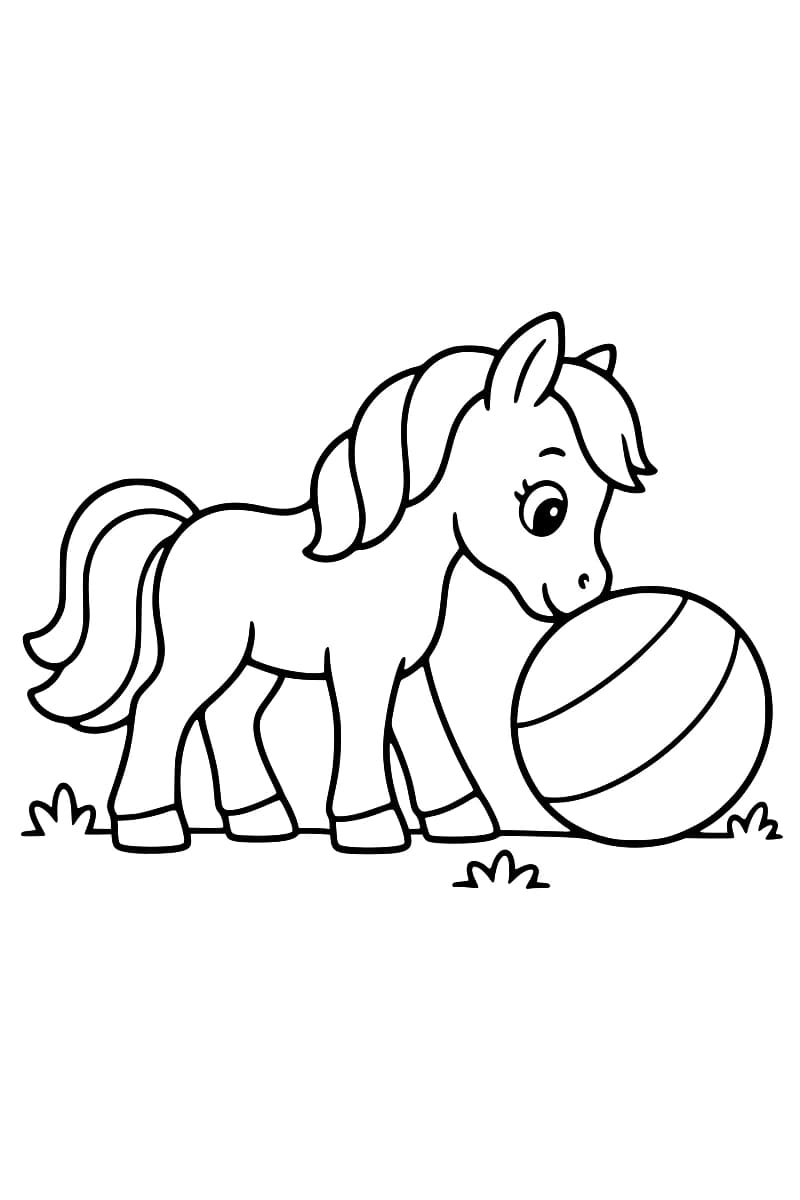 Dessin en noir et blanc d’un poney de profil, à la crinière et à la queue ondulées, le museau contre un gros ballon à bandes.