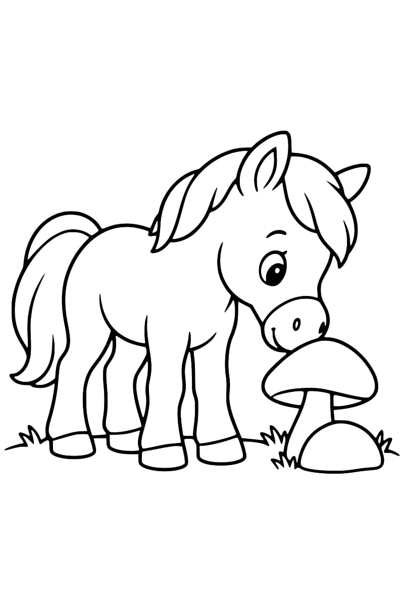 Dessin au trait noir d’un poney debout, le museau près du chapeau d’un grand champignon, avec un rocher et quelques touffes d’herbe au sol.