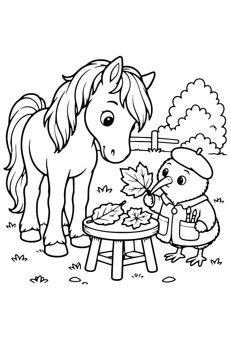 Dessin à colorier d’un poney à longue crinière face à un oiseau en béret et en veste, tenant une grande feuille dans une aile. Deux feuilles sont posées sur un tabouret entre eux, avec une clôture et des buissons à l’arrière-plan.