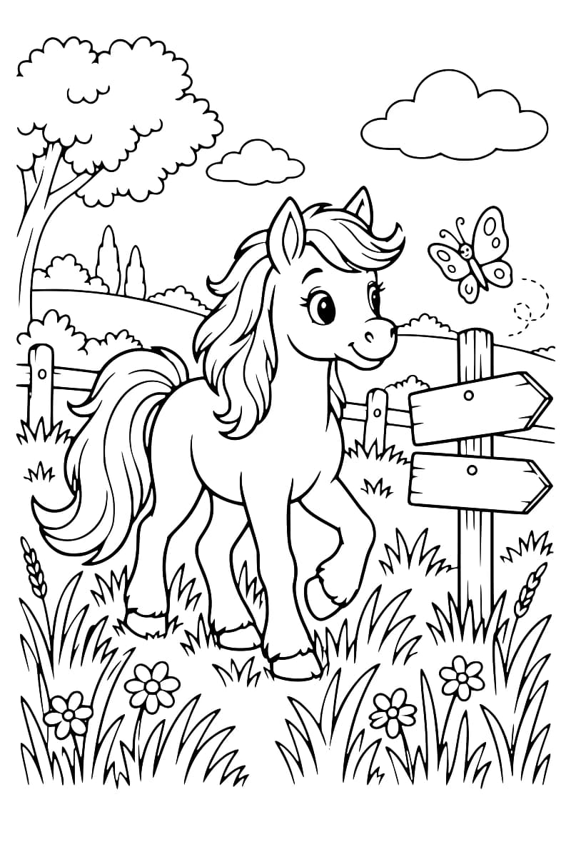 Illustration en noir et blanc d’un poney à crinière abondante dans une prairie avec des fleurs, des arbres, un papillon et un panneau en bois à deux flèches.