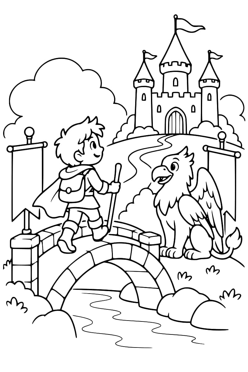 Dessin en noir et blanc montrant un jeune chevalier avec une cape et un bâton sur un pont de pierre, accompagné d’un griffon devant un château.