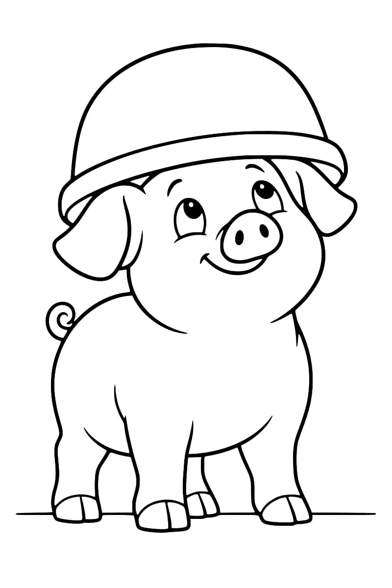 Dessin en noir et blanc d’un porcelet debout sur ses quatre pattes, avec une queue en tire-bouchon et un grand chapeau arrondi sur la tête.