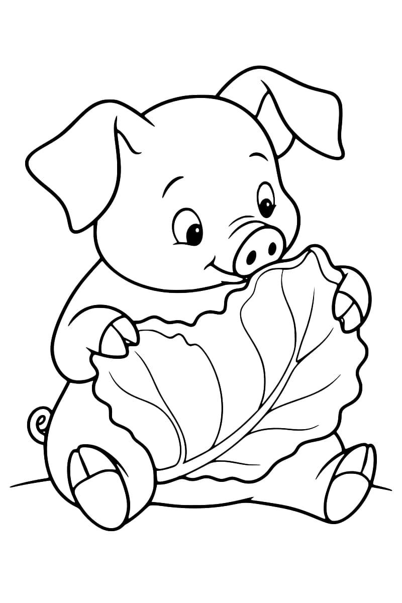 Dessin en noir et blanc d’un porcelet assis, aux oreilles tombantes et à la queue en tire-bouchon, tenant une grande feuille nervurée devant lui.