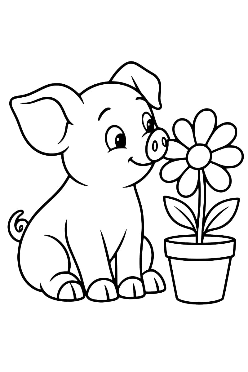 Dessin en noir et blanc d’un porcelet souriant, assis à côté d’une fleur en pot dont un pétale touche presque son groin.