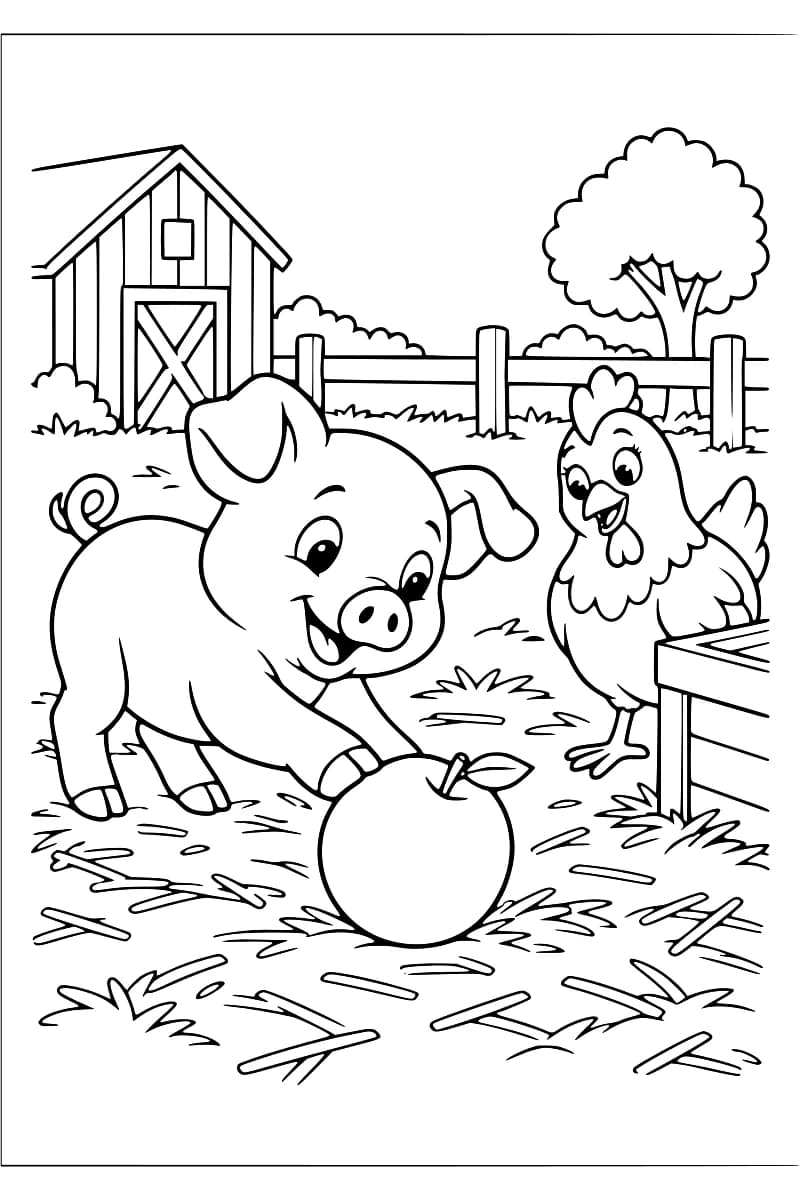 Dessin en noir et blanc d’un porcelet près d’une pomme, avec une poule, une grange, une clôture et un arbre en arrière-plan.