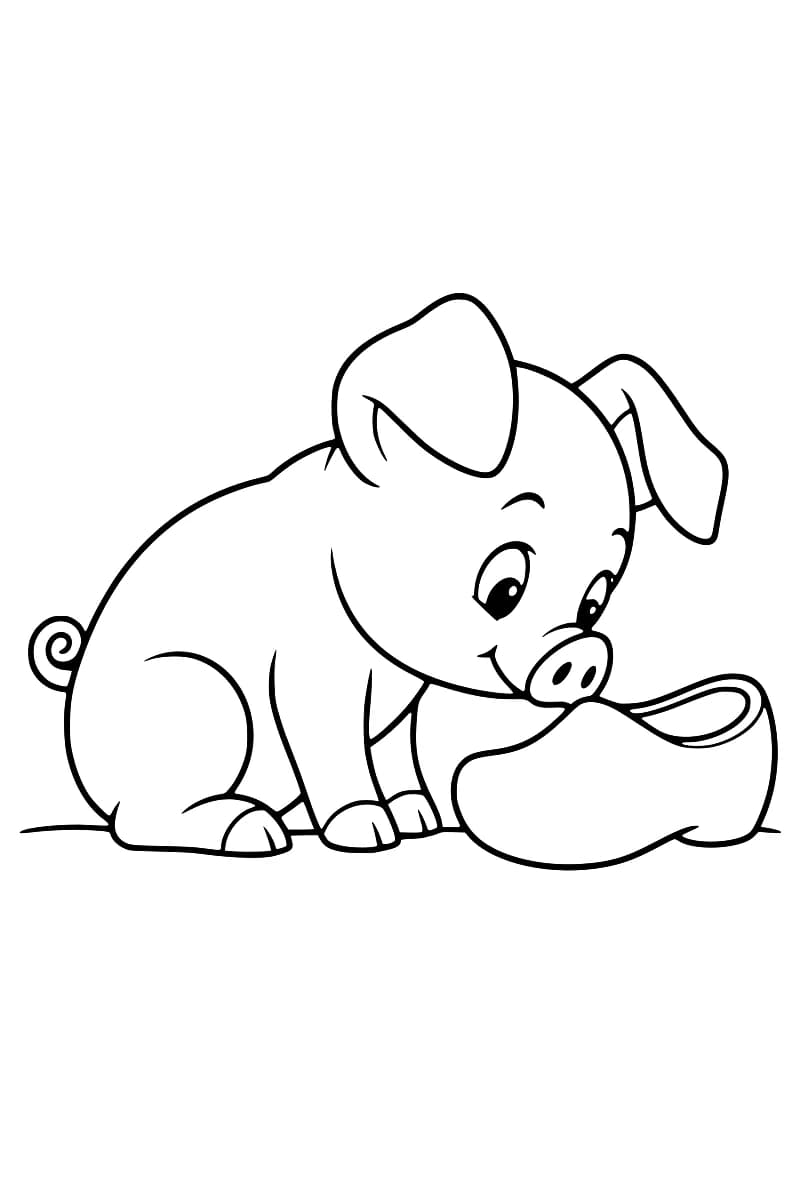 Dessin en noir et blanc d’un porcelet assis, aux oreilles tombantes et à la queue en tire-bouchon, le groin contre le bout d’un grand sabot.