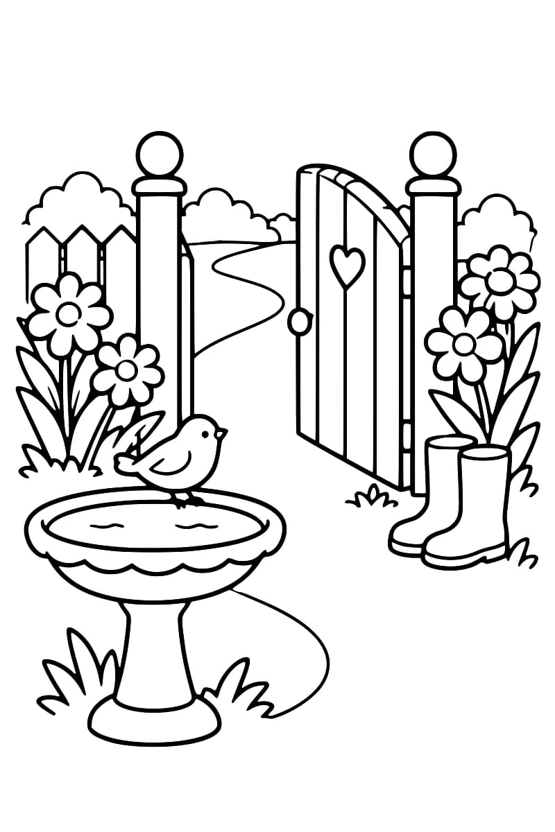 Dessin en noir et blanc d’un portail ouvert avec un chemin, des fleurs, un bain d’oiseau et une paire de bottes de jardin.