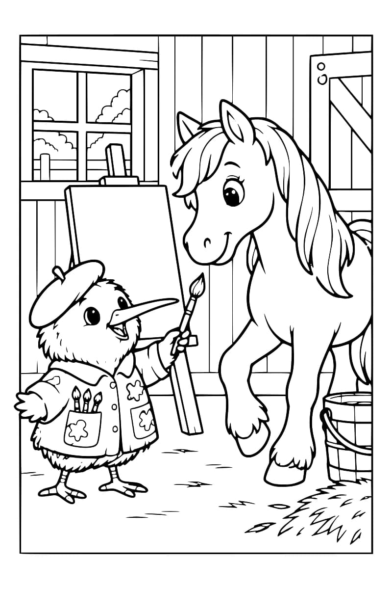 Kiwi Koloriwi peint une licorne avec un pinceau devant un chevalet.