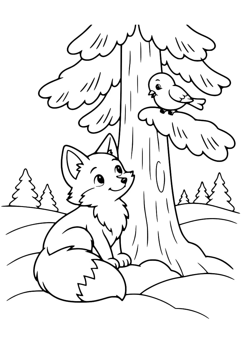 Dessin en noir et blanc d’un renard assis devant un grand sapin, avec un oiseau sur une branche et de petits sapins en arrière-plan.