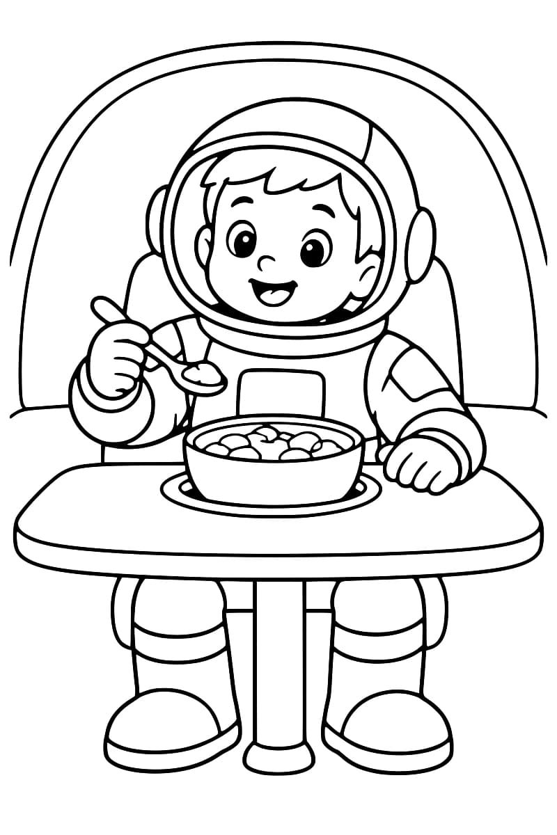 Dessin en noir et blanc d’un jeune astronaute en combinaison et casque, assis derrière une table dans une cabine aux parois arrondies, avec une cuillère à la main et un bol posé sur une assiette.