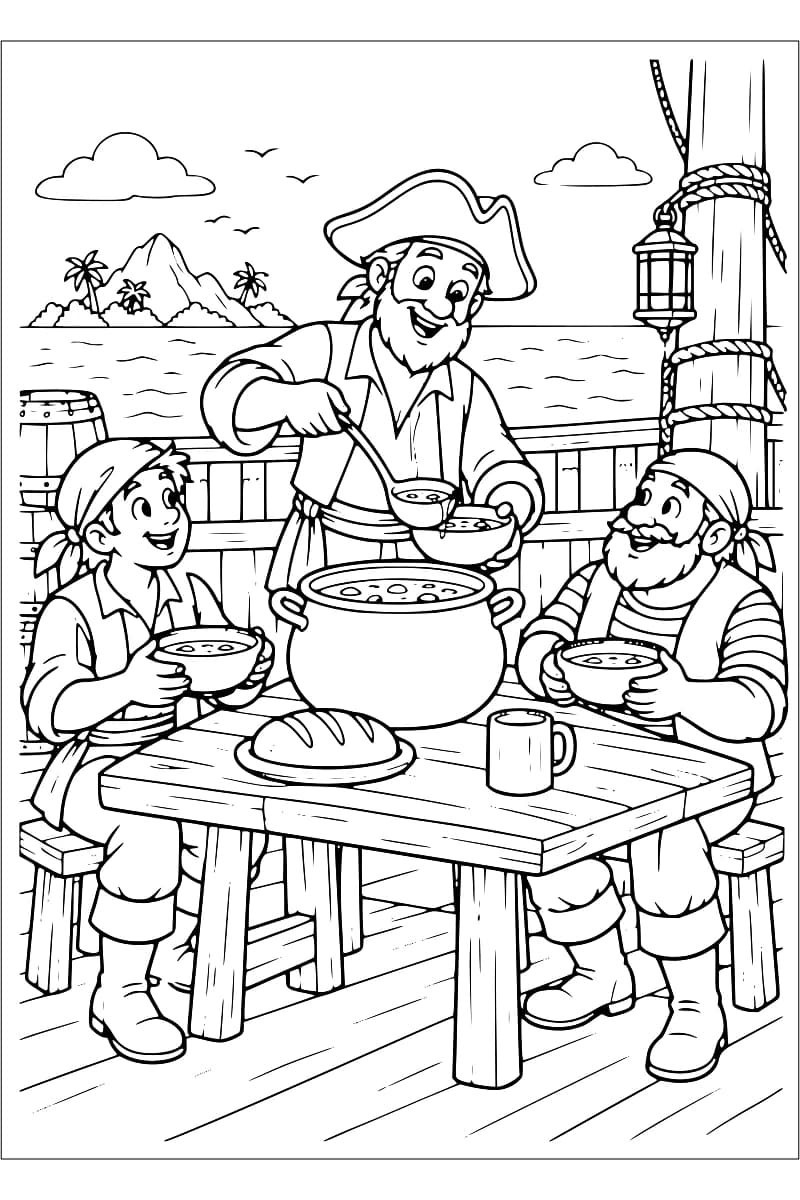 Trois pirates partagent une soupe autour d’une table en bois, avec une marmite, du pain et une tasse sur le pont du bateau.