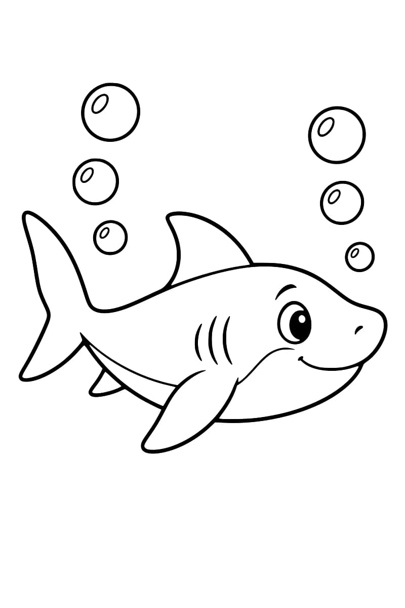 Dessin en noir et blanc d’un requin souriant vu de profil, la queue à gauche et la tête à droite, avec six bulles réparties en deux groupes au-dessus de lui.