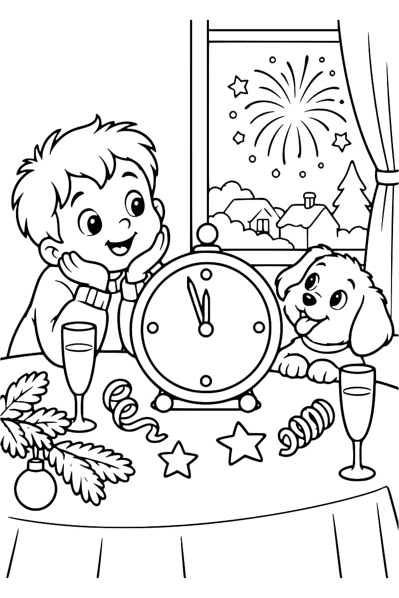 Dessin en noir et blanc à colorier montrant un enfant et un chien devant une table de fête, une grande horloge au centre, des cotillons et des verres, avec des feux d’artifice et un paysage enneigé derrière la fenêtre.