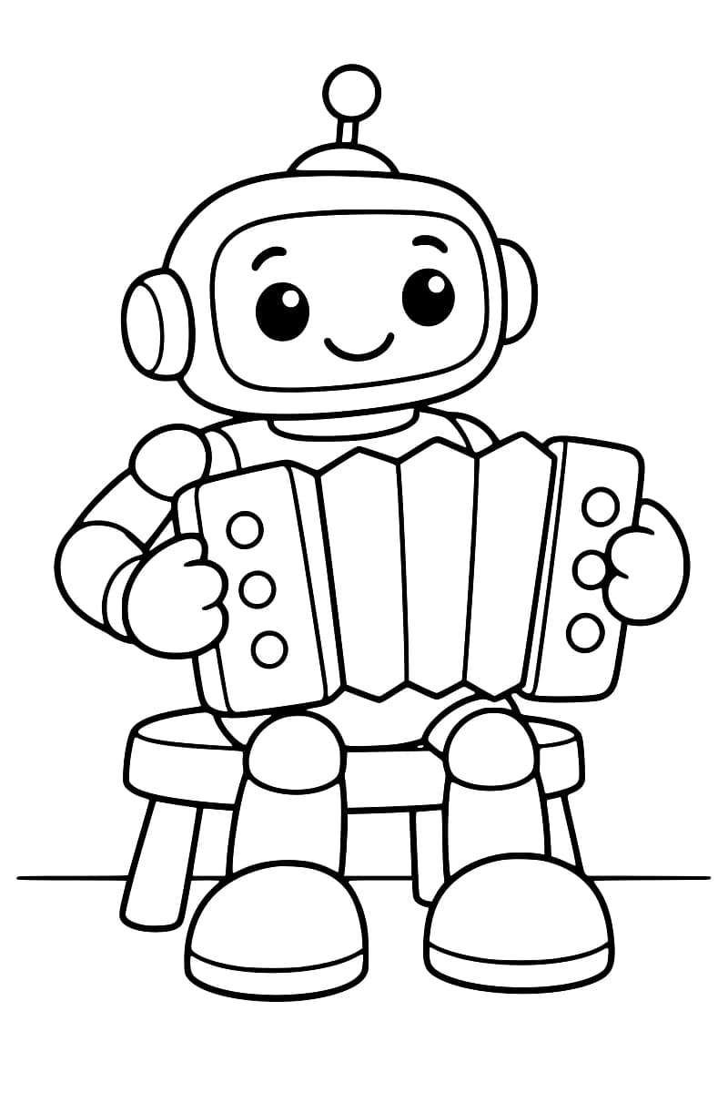 Dessin en noir et blanc d’un robot souriant avec une antenne ronde, assis sur un tabouret et tenant un accordéon à boutons entre ses mains.