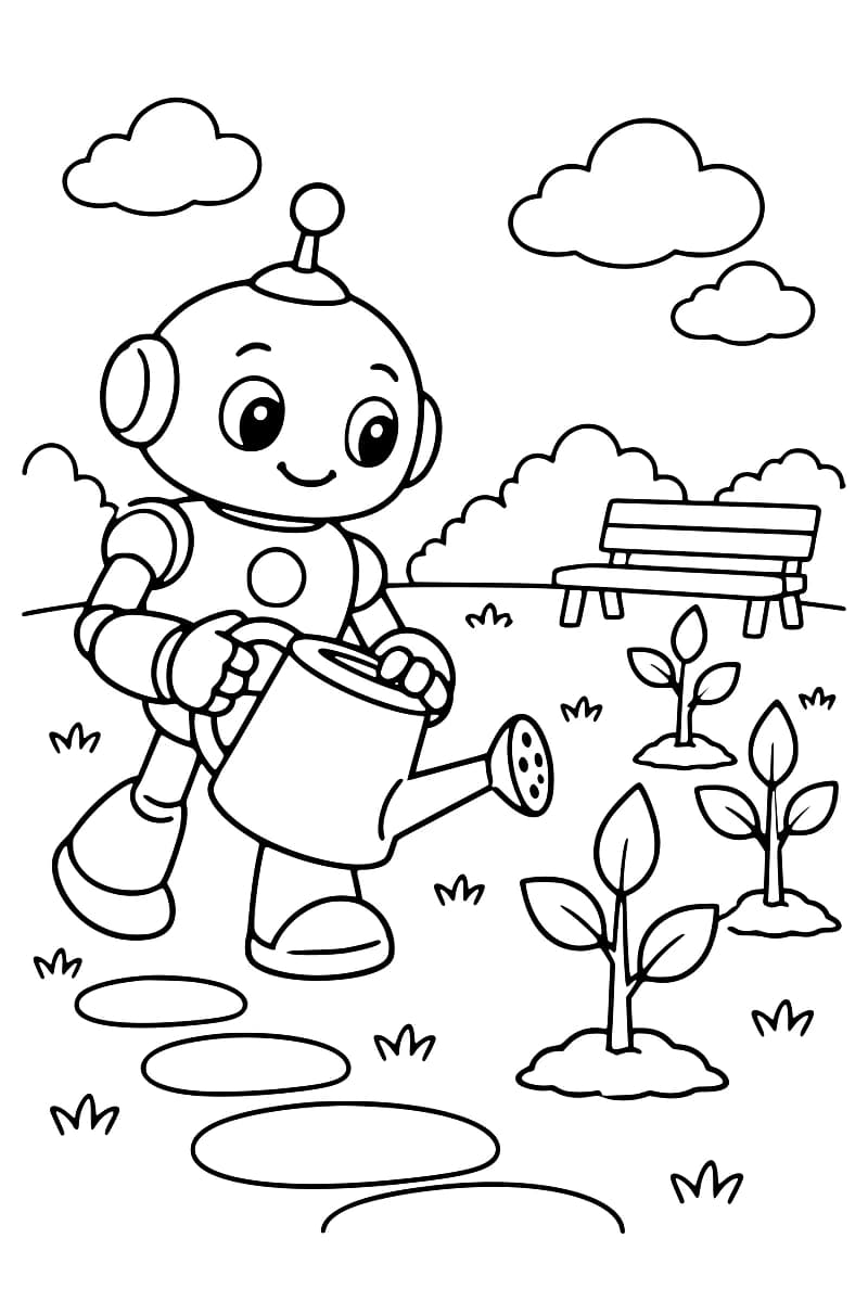 Dessin à colorier représentant un robot souriant qui arrose plusieurs jeunes arbres près d’un banc, sous des nuages.