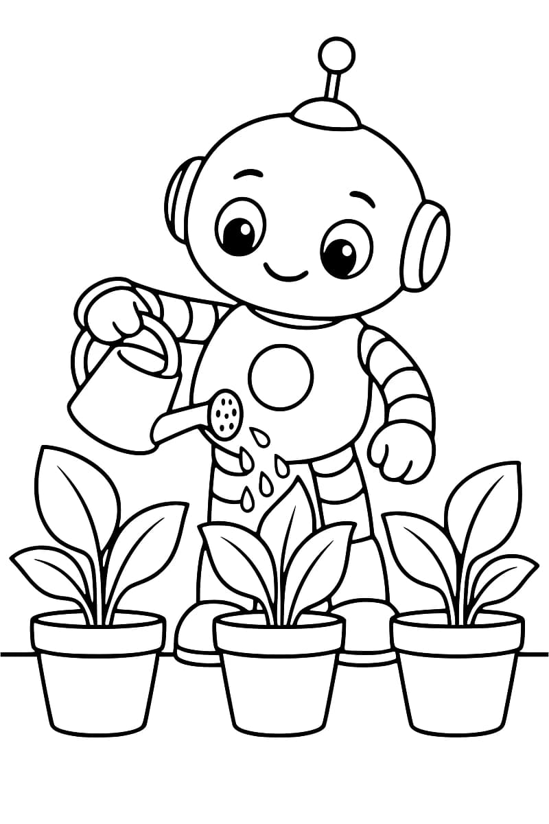 Dessin en noir et blanc d’un robot souriant qui arrose trois plantes en pot.