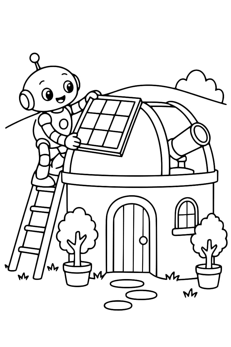 Dessin en noir et blanc d’un robot souriant sur une échelle, tenant un panneau solaire contre le dôme d’un observatoire ; un télescope dépasse de l’ouverture et deux arbres en pot encadrent l’entrée.