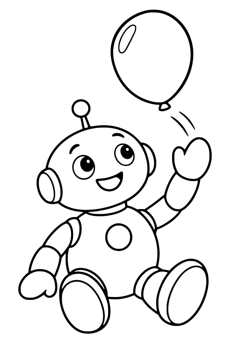 Dessin au trait noir sur fond blanc d’un robot assis, avec une antenne, de grands yeux et une bouche souriante, levant une main sous un ballon.