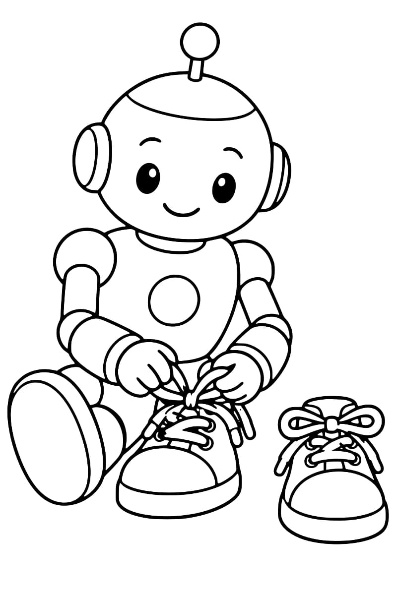 Dessin en noir et blanc d’un robot souriant avec une antenne ronde, assis au sol et tenant les boucles des lacets d’une grande chaussure ; une seconde chaussure au nœud fait est posée à sa droite.